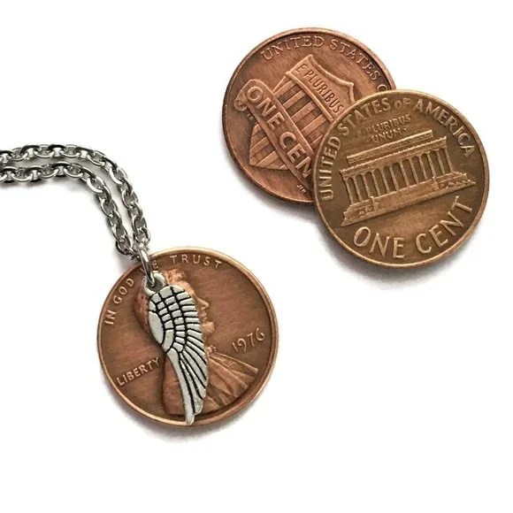 1959-1969 Lucky Penny Necklace Angel Wing Memorial Stainless Steel Coin Money - Picture 2 of 11
